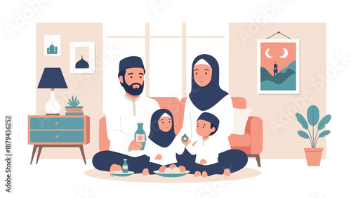 A Muslim family sits together on the floor in a living room with a dog