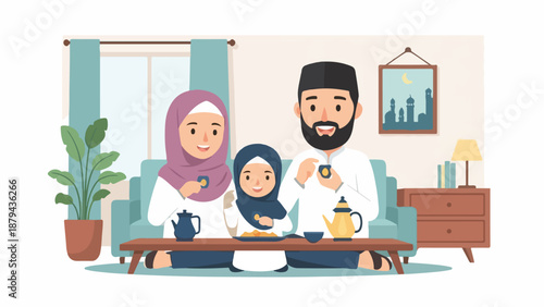 A Muslim family sits in a living room having tea and snacks together.