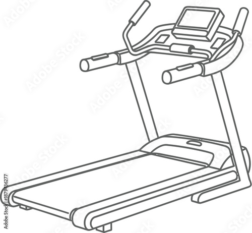 Line art illustration of a modern motorized treadmill machine featuring handlebars and a central digital display for fitness tracking