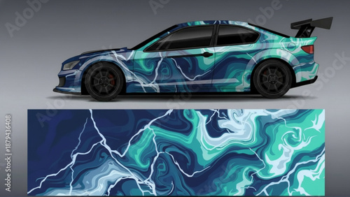 A blue and teal marbled car wrap design with white lightning streaks applied to a sports coupe, shown with the full graphic below.