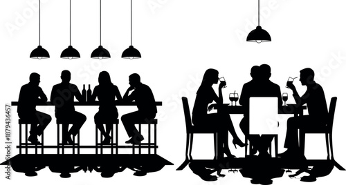 Silhouette of people socialising at a bar and sitting at a restaurant table with drinks under hanging lamps urban nightlife