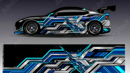 Futuristic blue and silver geometric car wrap design for a sports vehicle.