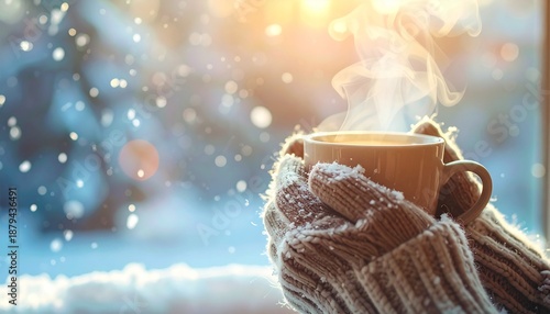 Warm hands holding a cup of hot beverage in winter