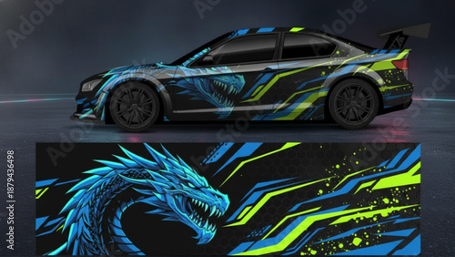Black sports car with a vibrant blue and neon green dragon decal design, showcasing abstract patterns and a detailed dragon head.