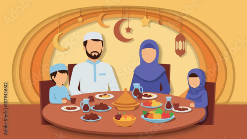 A Muslim family sits around a table with food during a meal together.