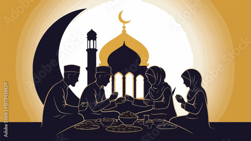 Silhouette of people sitting around a table eating in front of a mosque during Ramadan.