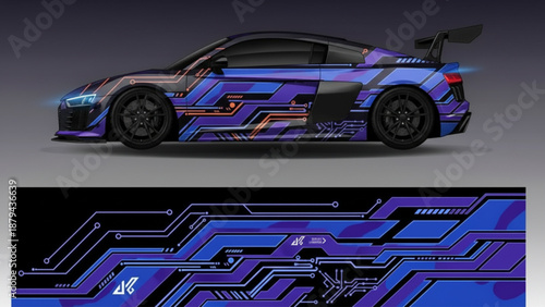Sleek sports car with futuristic blue and purple circuit board digital decal design.