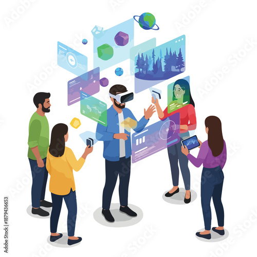 A group of people interact with virtual reality