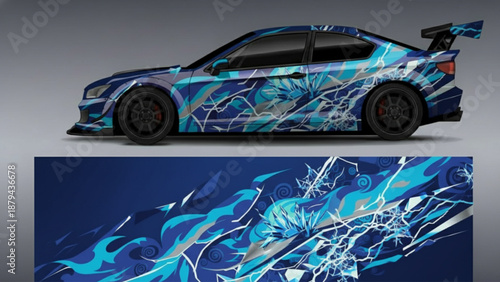 Customized blue sports car with a dynamic abstract graphic vinyl wrap design featuring shattered ice and fluid elements.