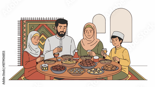 A Muslim family gathers around a table to share a meal together in a traditional setting.