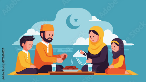 Family breaking their fast during Ramadan with water and food