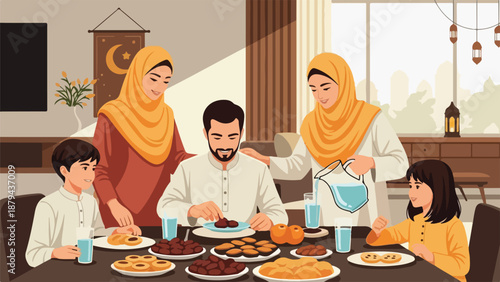 A Muslim family gathers around a table for a meal together in a home.