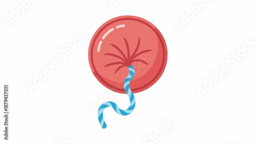 Red Balloon Tied with Blue and White String Isolated on White.