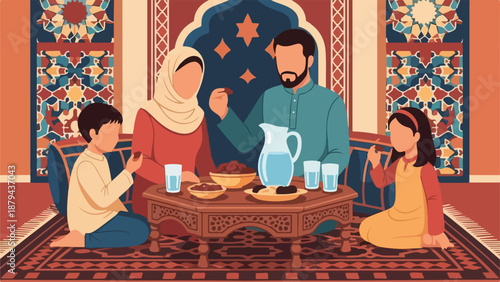 Family sitting around a table eating a meal together in a traditional Middle Eastern setting.