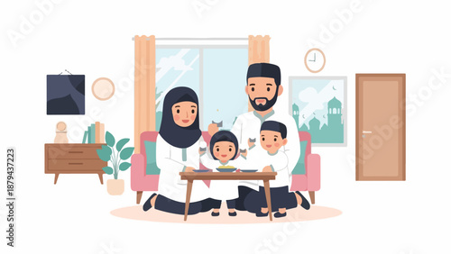 A Muslim family with parents and two children sitting together at a table in a living room.