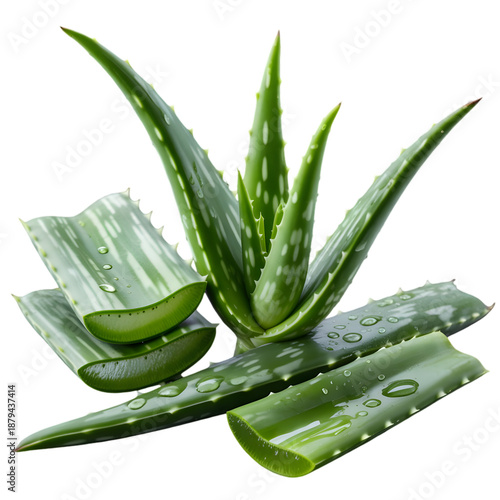 Aloe vera plant with sliced leaves and water droplets on transparent background