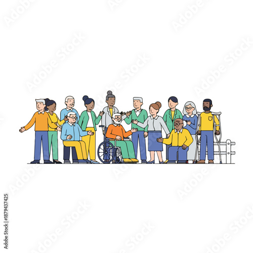 A diverse group of people including elderly and disabled individuals