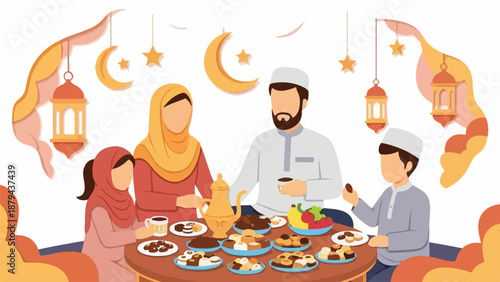 A Muslim family gathers around a table for iftar during Ramadan with traditional food and decorations.