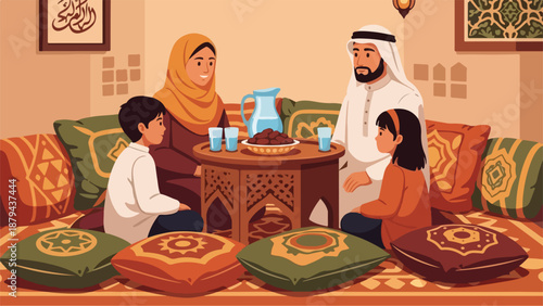A family of four sits on a couch in a living room with a coffee table and Arabic patterned cushions.