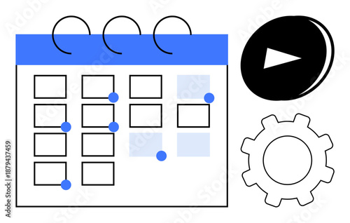 Time management, productivity tools, workflow optimization, planning processes, business scheduling, online meetings. Calendar design with markers, gear and play button. Time management