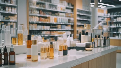 Modern retail display of premium cosmetic bottles, serums, oils, and fragrances on a white counter in a high-end beauty store setting.