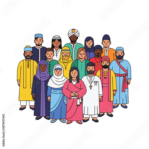 A diverse group of people wearing traditional clothing