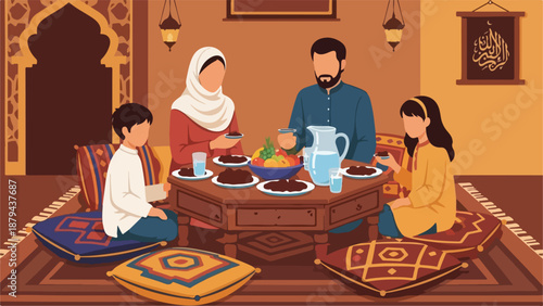 Family eating together on floor cushions in a traditional Middle Eastern home during iftar.