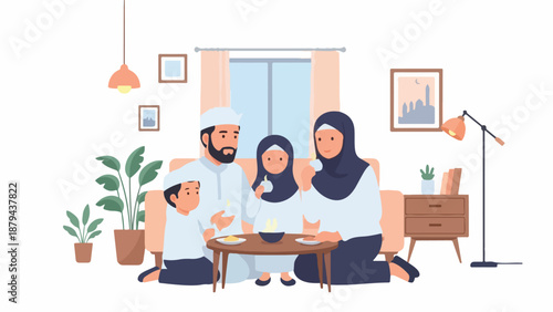 A Muslim family sits on the floor eating a meal together in a cozy living room with plants and lamps.