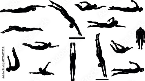 Black Silhouette Collection of Professional Swimmers and Divers Performing Various Aquatic Strokes and Competition Diving Poses Isolated on White Background