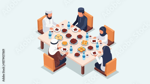 A Muslim family eats together on the floor in a living room.