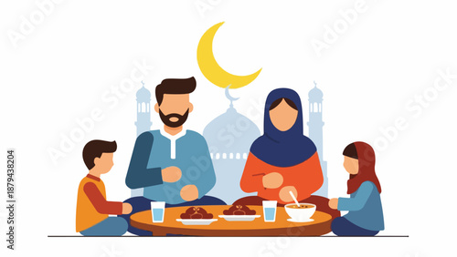 Family breaking their fast together during Ramadan with food and drinks on a table