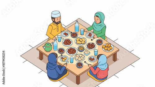 Family gathered around a table with various foods for iftar during Ramadan.