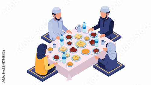 Illustration of a Muslim family having iftar meal on a traditional mat during Ramadan.
