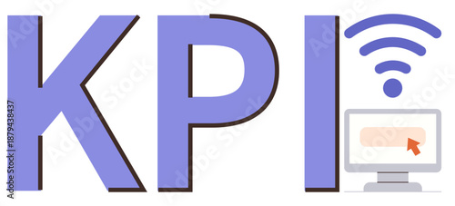 Digital analytics, performance tracking, wireless technology, business goals, data analysis, internet usage. KPI acronym with a wireless icon and computer graphic. Performance tracking and data