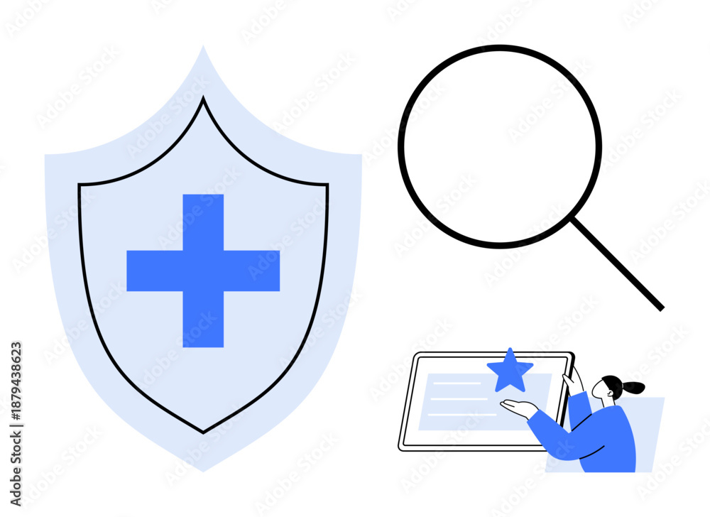 Fototapeta premium Online security, healthcare solutions, data management, search function, medical services, digital trust. Shield with cross, magnifying glass person interacting with tablet. Online security