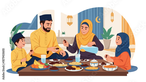 A Muslim family sits around a table eating food together during a meal.