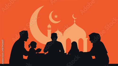 Silhouette of a Muslim family with a mosque and crescent moon in the background