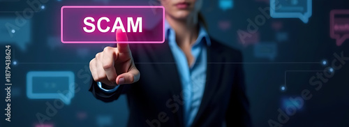 Woman Pointing to Digital Scam Button on a Networked Background Representing Online Fraud and Cybersecurity