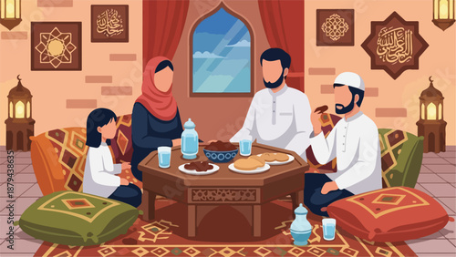 A Muslim family sits around a table eating food in a traditional Middle Eastern room.