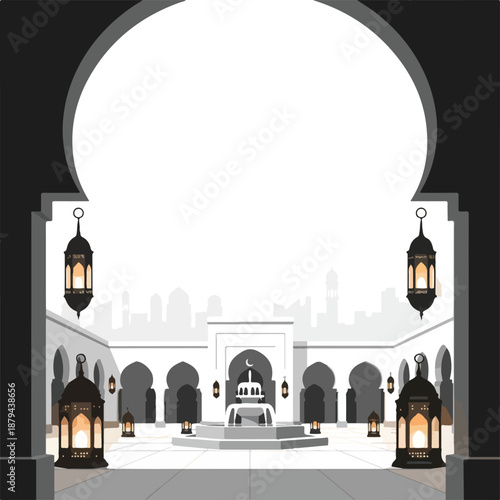 A serene mosque courtyard with lanterns and fountain