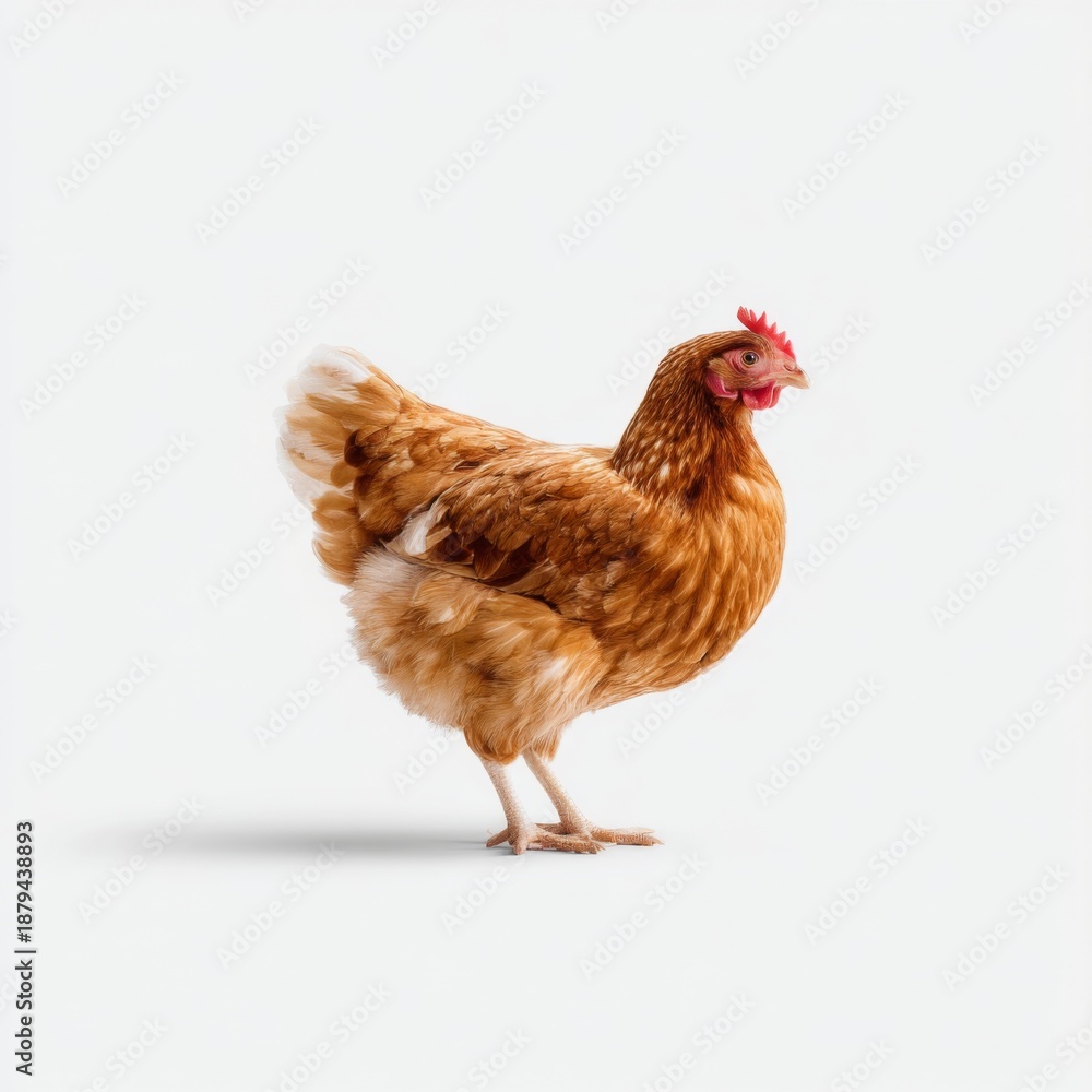 Fototapeta premium Vibrant Brown Chicken Standing Against a Clean White Background for Farm and Agriculture Themes