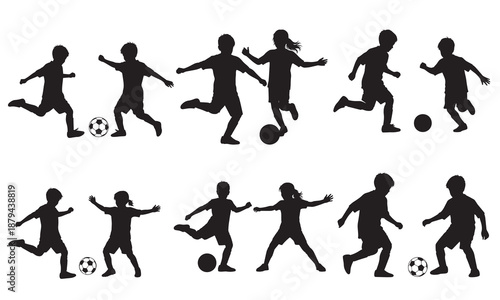 Children playing soccer silhouette, dynamic kicking and running