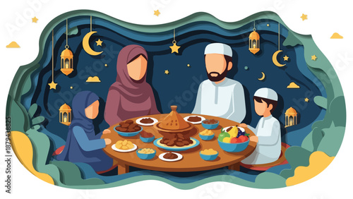 A Muslim family gathers around a table for iftar during Ramadan with traditional food and decorations.