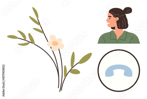 Communication, connection, nature-inspired design, customer service, personal interaction, wellness. Woman in profile, delicate flower branch phone symbol. Communication and connection concept