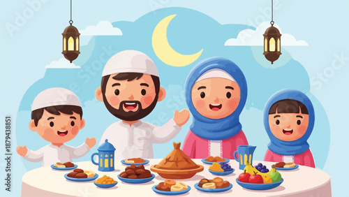 A Muslim family gathers around a table for a meal during Ramadan with traditional food and drinks.