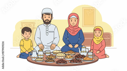 A Muslim family sits around a table with food during a meal.