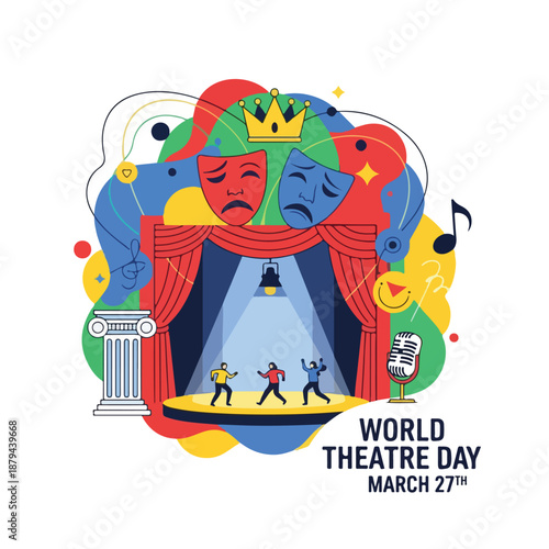 Colorful illustration of a theatre stage with performers