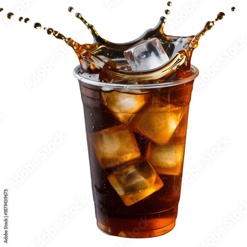 Ice cubes splashing in cold brown soda drink transparent background