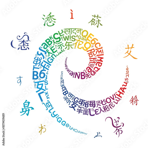 A colorful spiral of foreign text