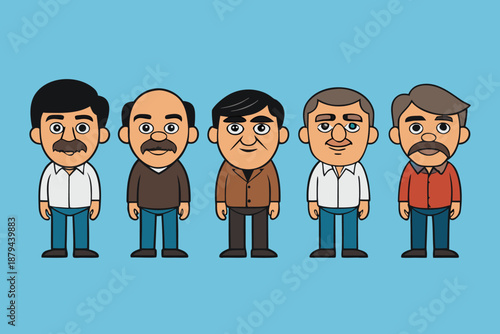 Five Flat Cartoon Male Characters with Mustaches